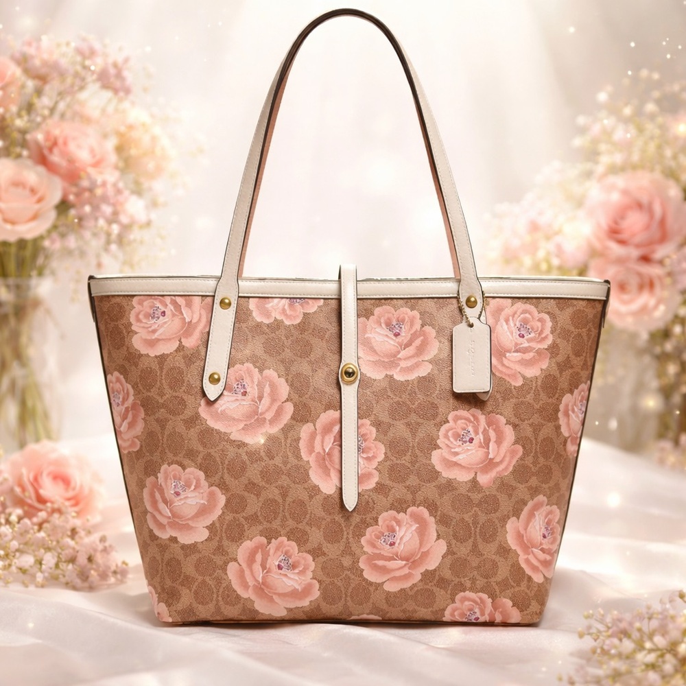 Coach LG Tan/Chalk Leather Market Tote In Signature Rose Print NWT MSRP: $448.00